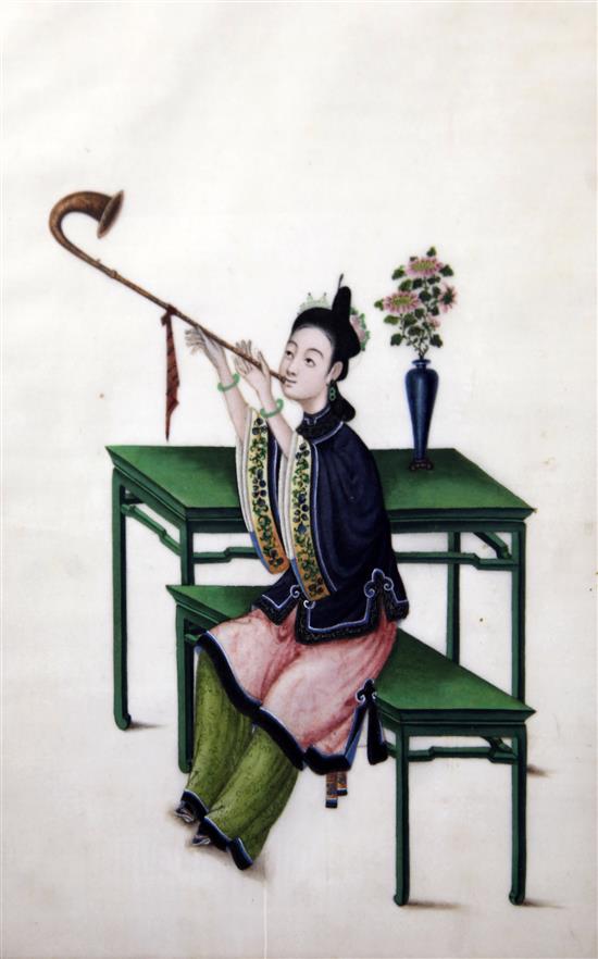 A pair of Chinese pith paintings of musicians, 19th century, 30.5cm x 20cm